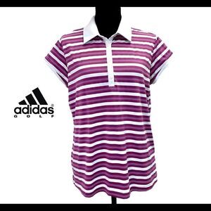 ADIDAS golf women's purple white striped polo shirt short sleeve Sz L NWOT